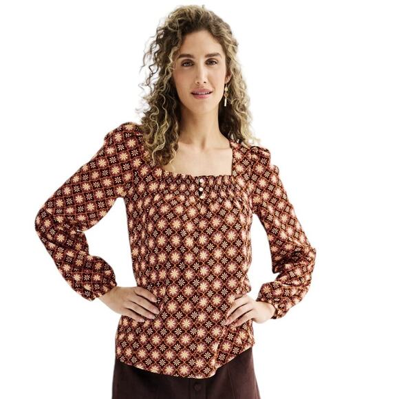 Draper James Plus Sz XL Allover Geo Print Long Sleeve Squareneck Blouse Work - Picture 1 of 7